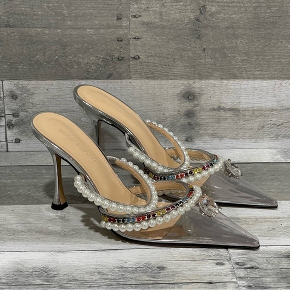 MACH & MACH Diamond Of Elizabeth Imitation Pearl Pointed Toe Mule Silver Sz-38/8 - Picture 3 of 14